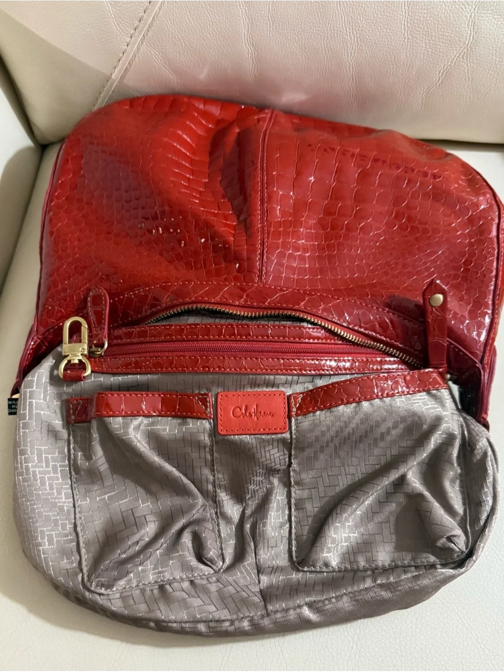 Cole Haan Red Croc-Embossed Patent Leather Hobo